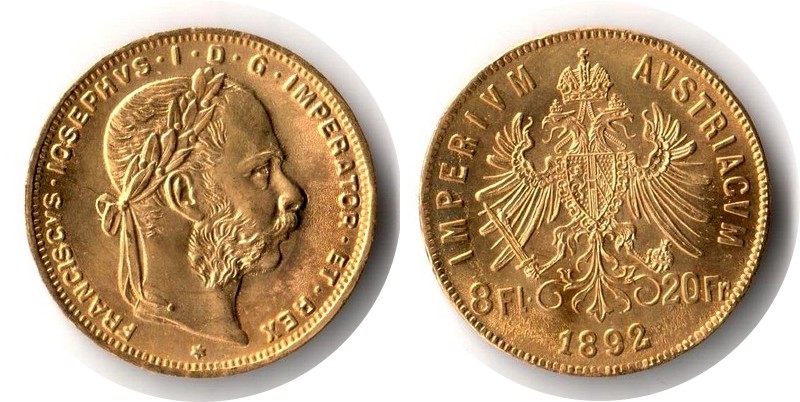Österreich MM-Frankfurt Feingewicht: 5,81g Gold 8 Florin - 20 Francs 1892 vorzüglich