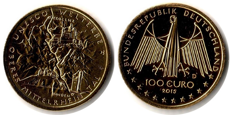 BRD MM-Frankfurt  Feingewicht: 15,55g Gold 100 EUR (Oberes Mittelrhein Tal) 2015 D stempelglanz
