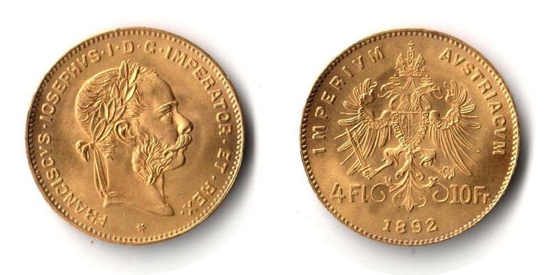 Österreich MM-Frankfurt Feingewicht: 2,9g Gold 4 Florin - 10 Francs 1892 vorzüglich/st