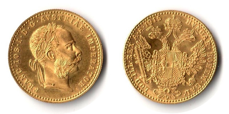 Österreich MM-Frankfurt Feingewicht: 3,44g Gold 1 Dukat 1915 vorzüglich/st