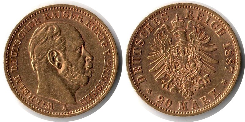 Preussen, Königreich MM-Frankfurt Feingewicht: 7,17g Gold 20 Mark 1887 A sehr schön