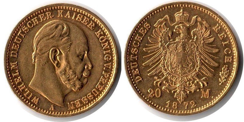 Preussen, Königreich MM-Frankfurt Feingewicht: 7,17g Gold 20 Mark 1872 A sehr schön