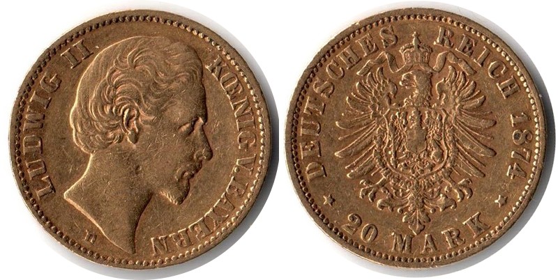Bayern, Königreich MM-Frankfurt Feingewicht: 7,17g Gold 20 Mark 1874 D sehr schön