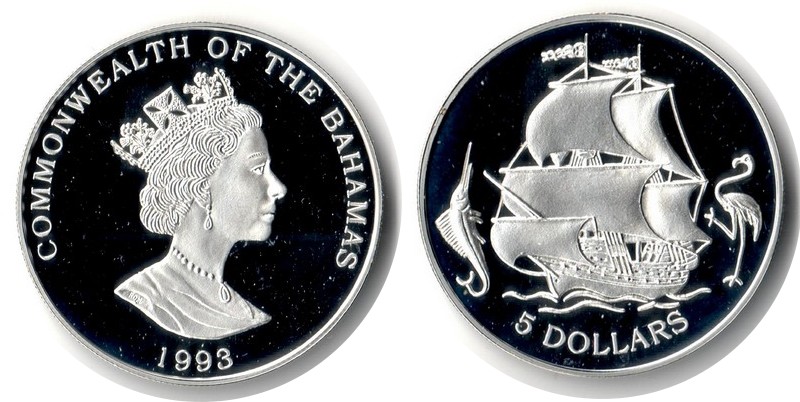  Bahamas  5 Dollar  1993  FM-Frankfurt  Feingewicht: 21,58g Silber  PP   