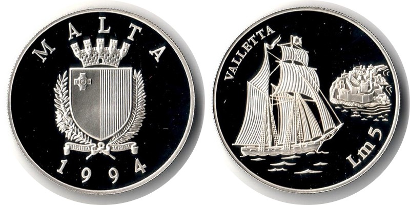  Malta  5 Liri  1994  FM-Frankfurt  Feingewicht: 29,11g  Silber  pp   