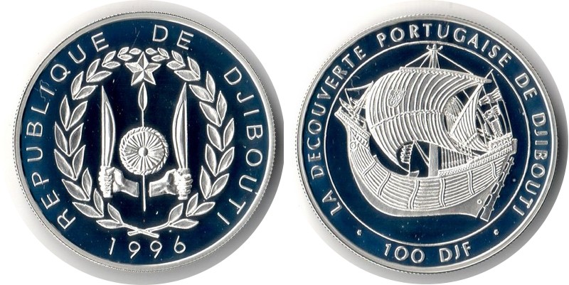  Djibouti 100 Francs  1996  FM-Frankfurt  Feingewicht: 29,11g Silber  pp   