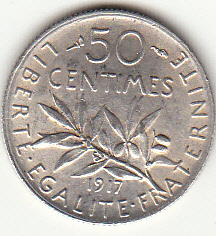 (056) Frankreich 1870-1940, Silbermünze, 50 Centimes 1917