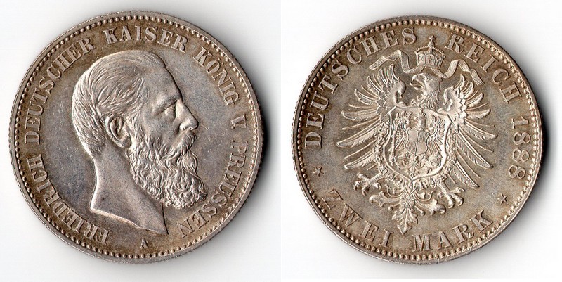  Preussen, Kaiserreich  2 Mark  1888 A  FM-Frankfurt Feingewicht: 10g Silber sehr schön   
