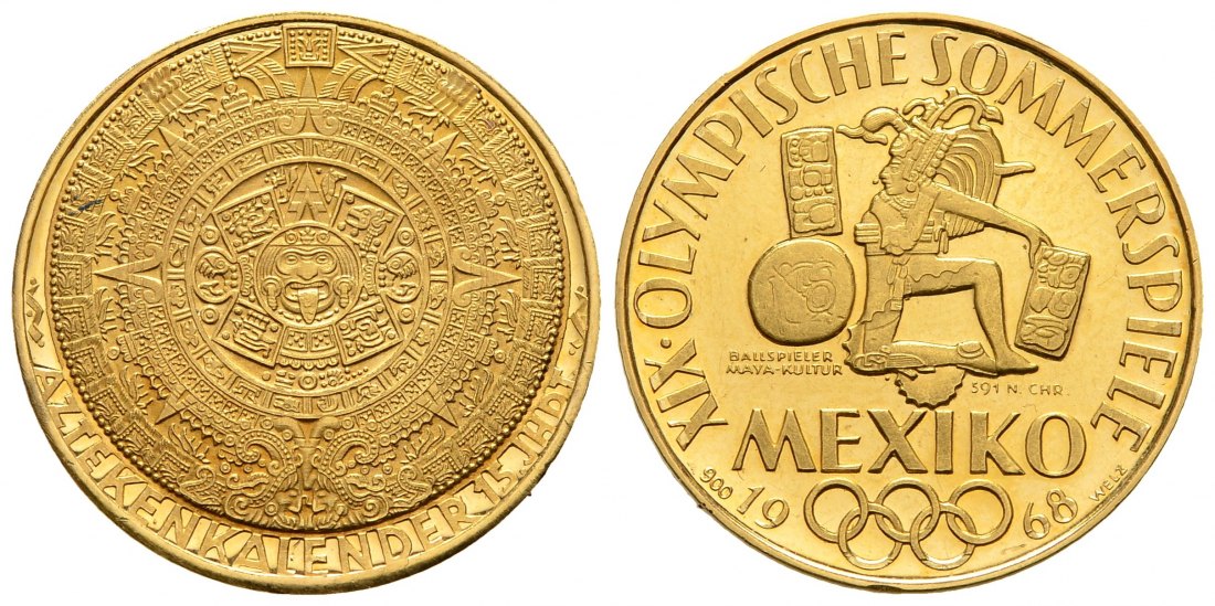 PEUS 8733 Mexiko 9,4 g Feingold. Olympiade 1968 Mexiko / Aztekenkalender Goldmedaille 1968 Vorzüglich