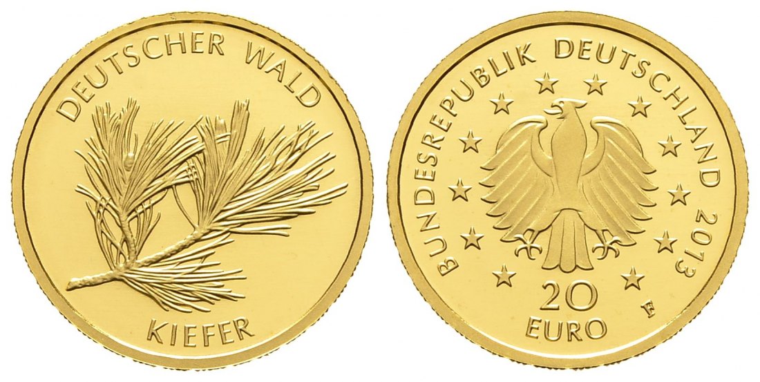 PEUS 8734 BRD 3,89 g Feingold. Deutscher Wald - Kiefer NUR mit Zertifikat 20 Euro GOLD 2013 F Stuttgart Stempelglanz (in Kapsel)