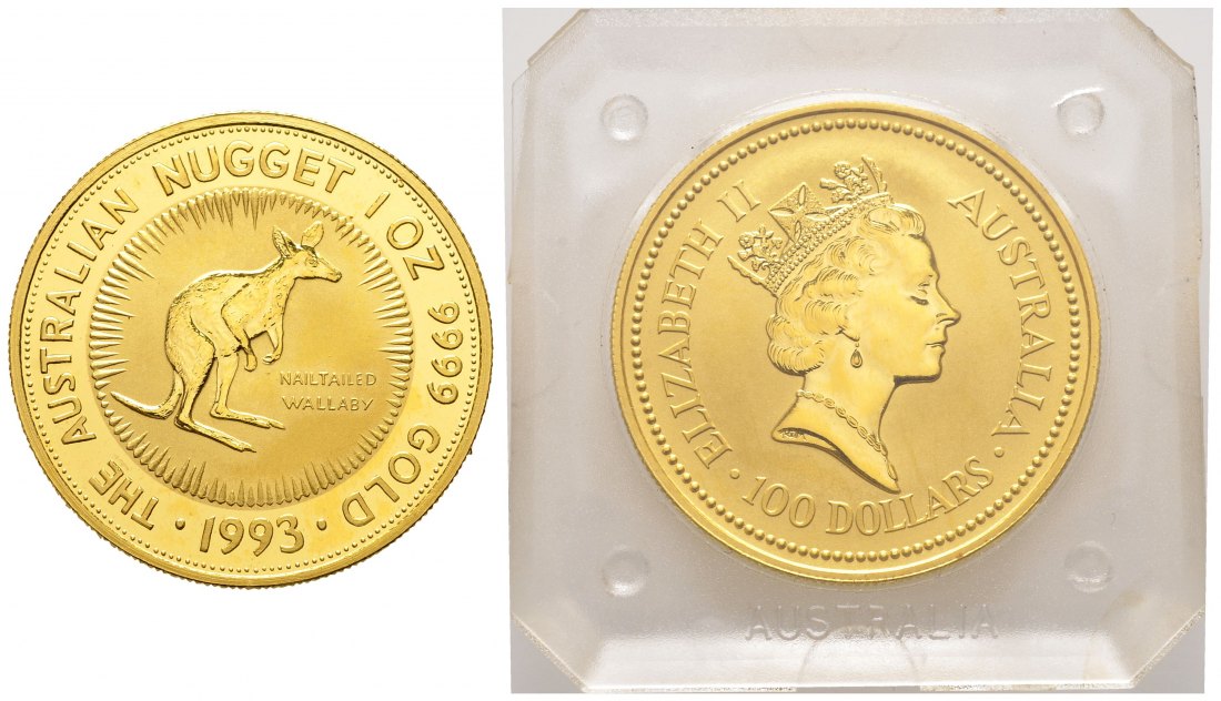 PEUS 8740 Australien 31,1 g Feingold. Nagelkänguru 100 Dollars GOLD Unze 1993 Stempelglanz (Originalkapsel)