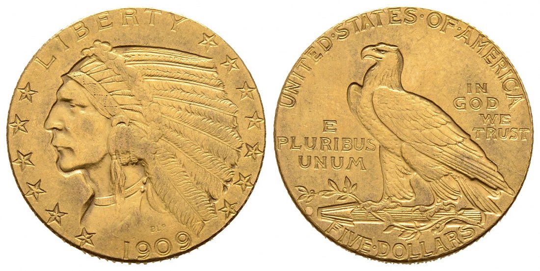 PEUS 8742 USA 7,52 g Feingold. Indian Head 5 Dollars GOLD 1909 Kratzer, Sehr schön