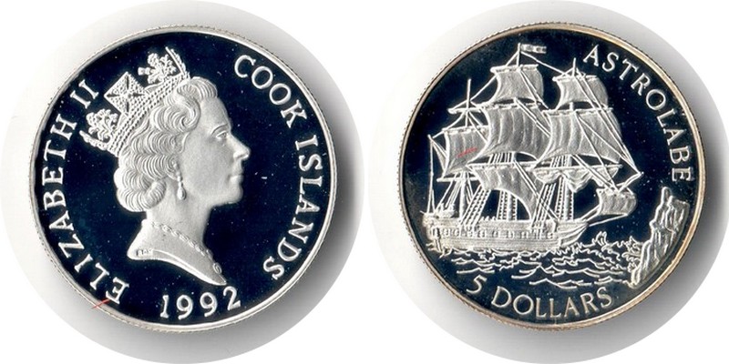  Cook Islands  5 Dollar  1992  FM-Frankfurt Feingewicht: 5g Silber PP  (angelaufen)   