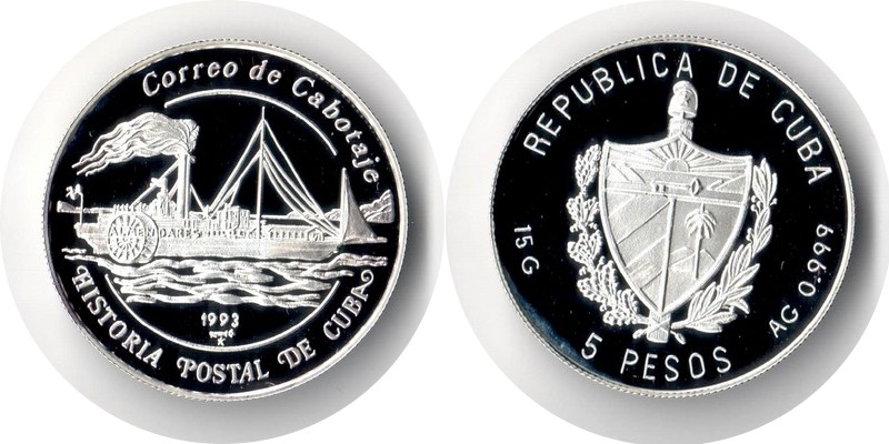  Kuba  5 Pesos  1993  FM-Frankfurt  Feingewicht: 15g  Silber  PP  (leicht angelaufen)   