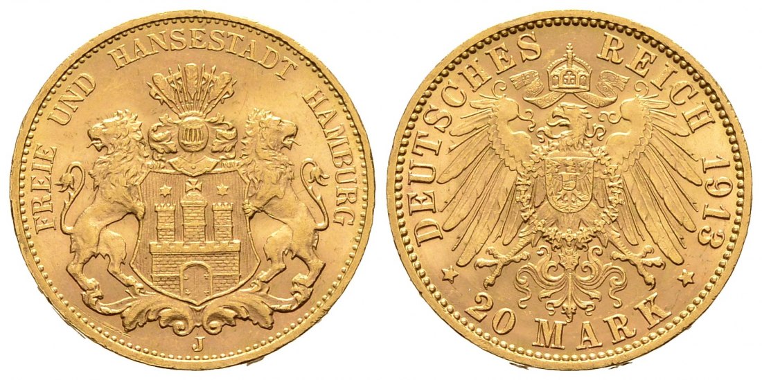 PEUS 8759 Hamburg - Kaiserreich 7,17 g Feingold. Stadtwappen 20 Mark GOLD 1913 J Vorzüglich +