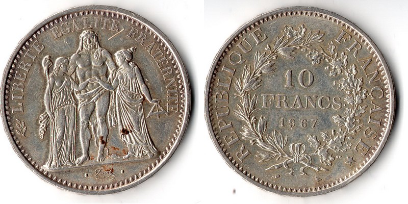  Frankreich  10 Francs  1967  FM-Frankfurt  Feingewicht: 22,5g  Silber sehr schön   