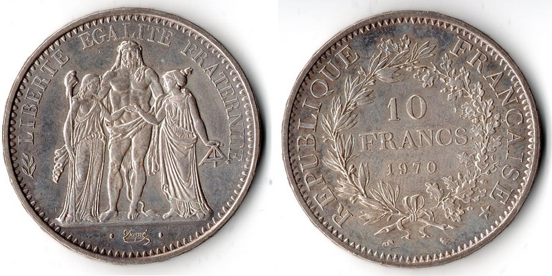  Frankreich  10 Francs  1970  FM-Frankfurt  Feingewicht: 22,5g  Silber sehr schön   