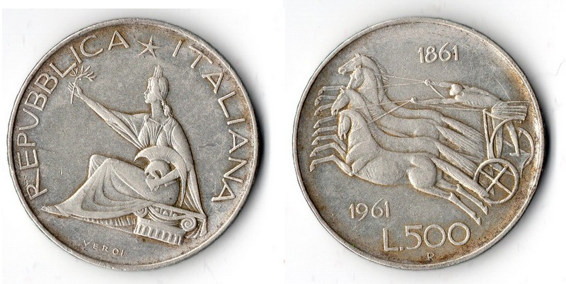  Italien  500 Lire  1961  FM-Frankfurt  Feingewicht: 9,19g  Silber sehr schön   