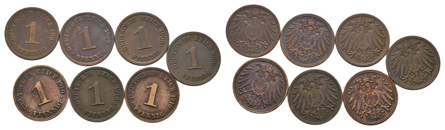  Kaiserreich, 7 Kleinmünzen (1908/1909/1910)   