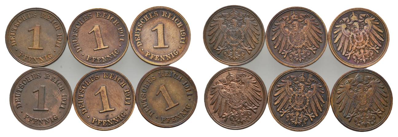  Kaiserreich, 6 Kleinmünzen (1911)   