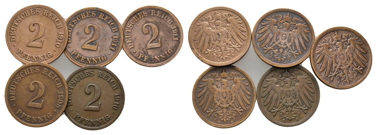  Kaiserreich, 5 Kleinmünzen (1910/1911/1908)   