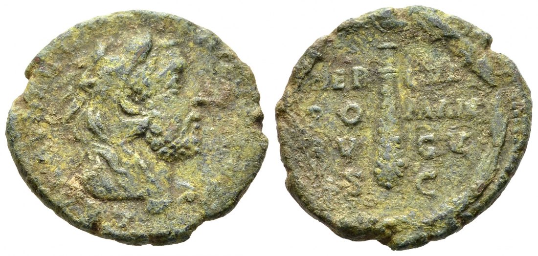 PEUS 8770 Commodus, 177-192 Rom. Kopf des Commodus als Hercules / Keule in Kranz As 192 Dunkelgrüne Patina Gutes schön