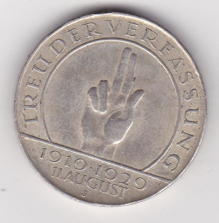 Weimarer Republik, 3 Mark 1929 J Schwurhand