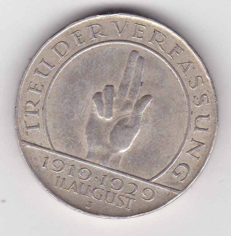  Weimarer Republik, 3 Mark 1929 J Schwurhand   