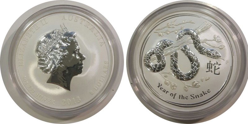  Australien  8 Dollar  Lunar II Schlange 2013  FM-Frankfurt  Feingewicht: 155,5g Silber  st   