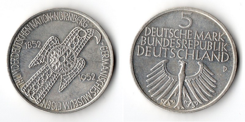  BRD  5 DM  1952 D  FM-Frankfurt Feingewicht: 7g Silber vz  'Germanisches National-Museum'   