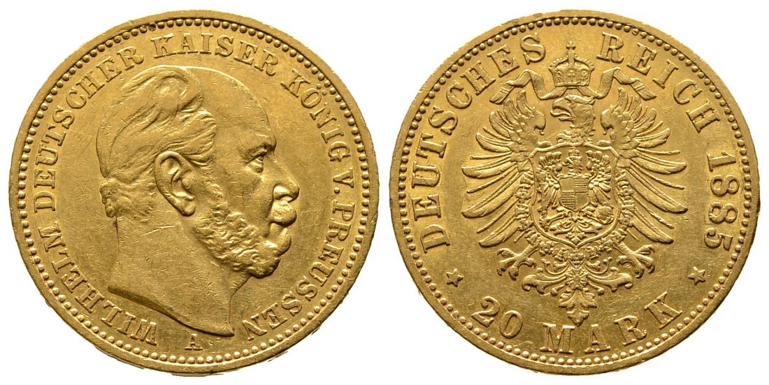 PEUS 8865 Kaiserreich - Preußen 7,17 g Feingold. Wilhelm I. (1861 - 1888) 20 Mark GOLD 1885 A Berlin Sehr schön / Vorzüglich