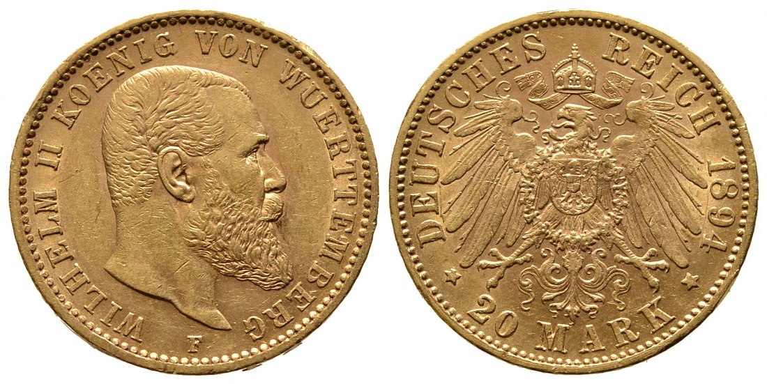 PEUS 8869 Kaiserreich - Württemberg 7,17 g Feingold. Wilhelm II. (1891 - 1918) 20 Mark GOLD 1894 F Kl. Randfehler,Sehr schön / Vorzüglich +