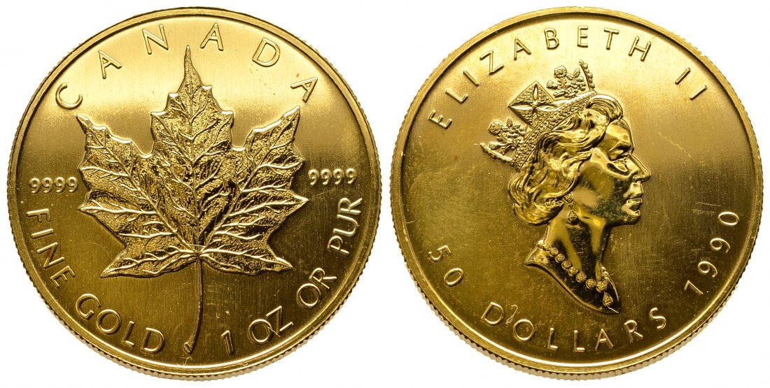 PEUS 8881 Kanada 31,1 g Feingold. Maple Leaf 50 Dollars GOLD Maple Leaf Unze 1990 Winzige Flecken, stempelglanz