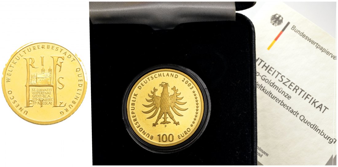 PEUS 8887 BRD 15,55 g Feingold. Quedlinburg incl. Etui und Zertifikat 100 Euro GOLD 2003 F Kl.Randfehler, fast Stempelglanz(Kapsel)