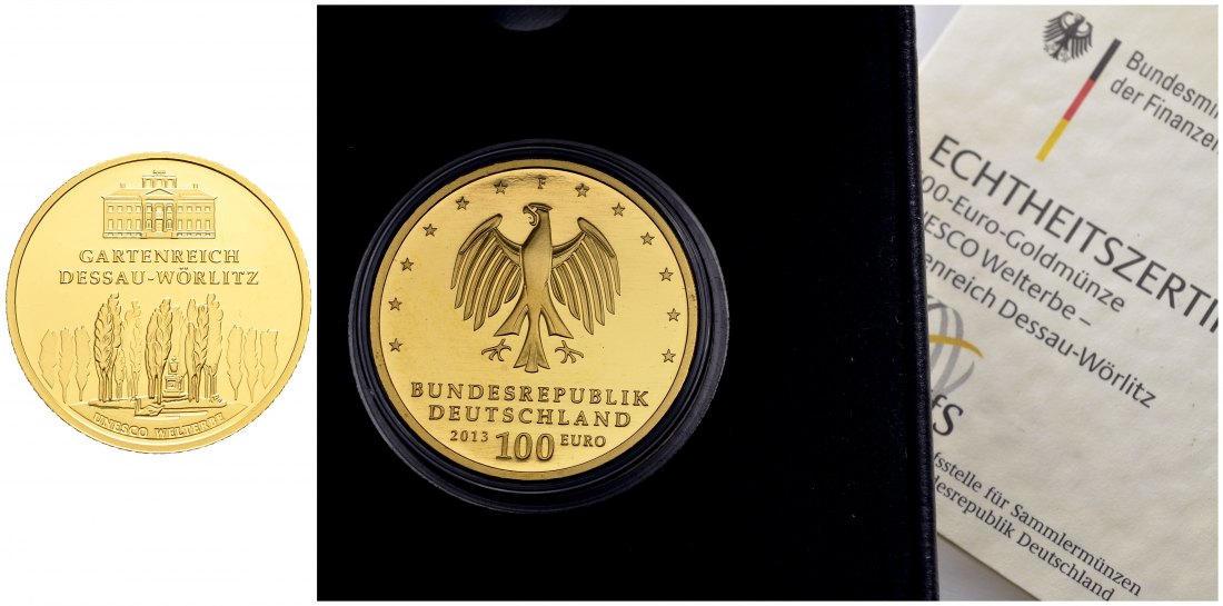 PEUS 8891 BRD 15,55 g Feingold. Dessau-Wörlitz incl. Etui und Zertifikat 100 Euro GOLD 1/2 Unze 2013 F Stuttgart Stempelglanz