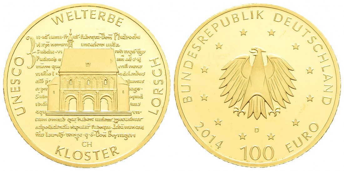 PEUS 8892 BRD 15,55 g Feingold. Kloster Lorsch OHNE Etui + Zertifikat 100 Euro GOLD 2014 D München Stempelglanz (Originalkapsel)