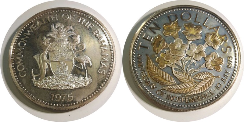  Bahamas  10 Dollar  1975  FM-Frankfurt  Feingewicht: 45,42g  Silber  ss/vorzüglich   