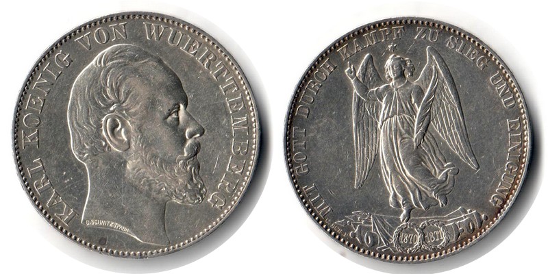  Württemberg, Vereinstaler 1871  FM-Frankfurt  Feingewicht: 16,65g Silber  sehr schön   