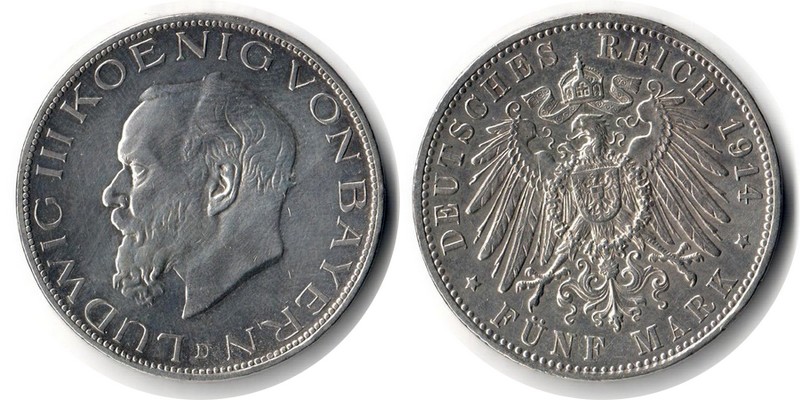  Bayern, Kaiserreich  5 Mark  1914 D  FM-Frankfurt Feingewicht: 25g Silber sehr schön   