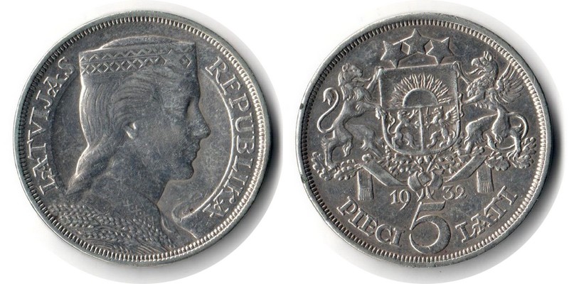  Lettland  5 Lati  1932  FM-Frankfurt  Feingewicht: 20,88g  Silber  sehr schön   