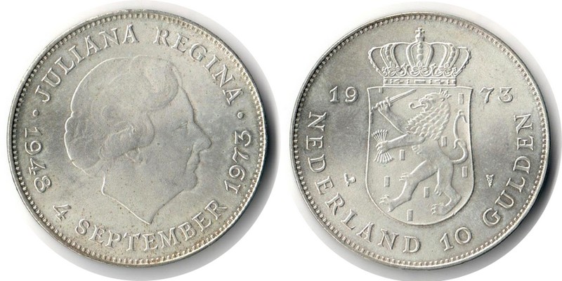  Niederlande  10 Gulden   1973  FM-Frankfurt  Feingewicht: 18g Silber  sehr schön   