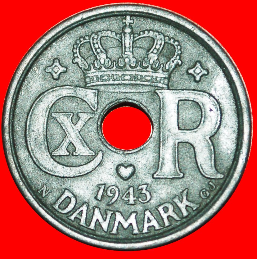  √ DEUTSCHE BESETZUNG: DÄNEMARK ★ 25 OERE 1943 CHRISTIAN X (1912-1947)!   