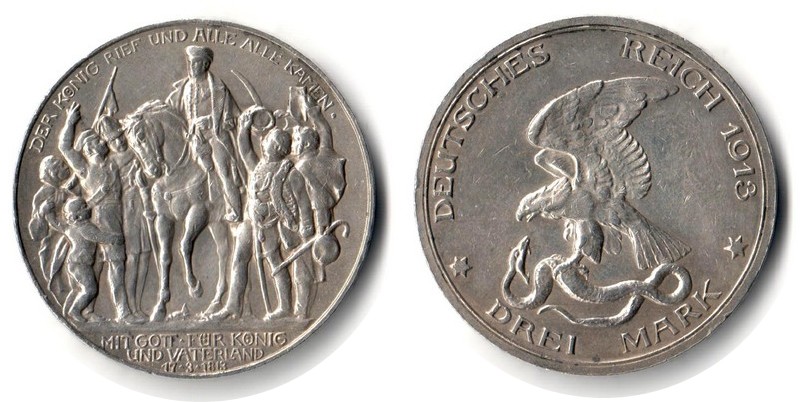  Preußen, Kaiserreich  3 Mark  1913  FM-Frankfurt Feingewicht: 15g Silber sehr schön   