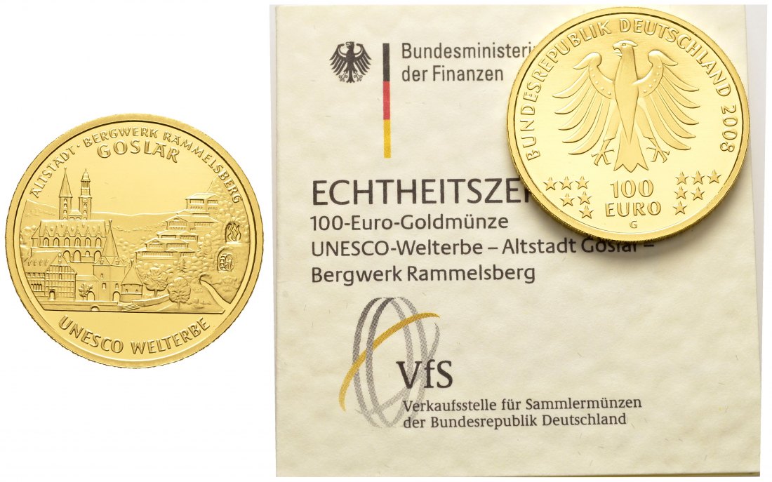 PEUS 8914 BRD 15,55 g Feingold. Goslar OHNE Etui MIT Zertifikat 100 Euro GOLD 2008 G Karlsruhe Stempelglanz (Kapsel)