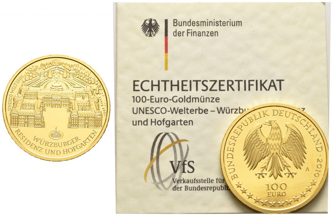 PEUS 8916 BRD 15,55 g Feingold. Würzburg NUR mit Zertifikat 100 Euro GOLD 2010 A Berlin Stempelglanz (in Kapsel)