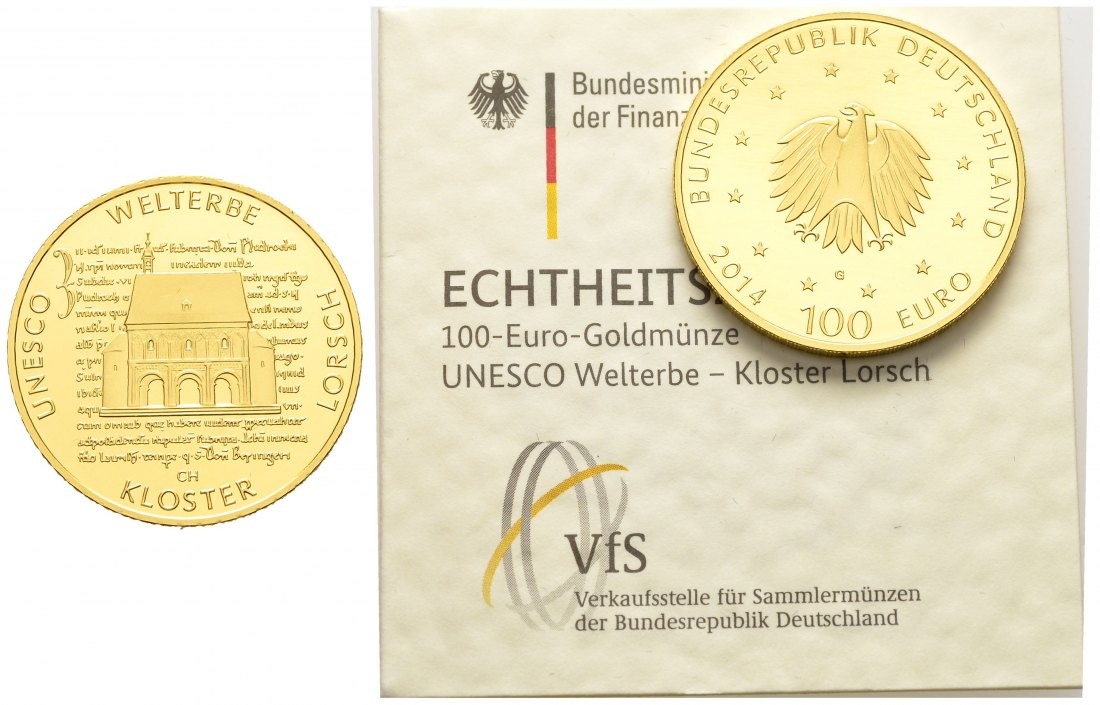 PEUS 8920 BRD 15,55 g Feingold. Kloster Lorsch NUR mit Zertifikat 100 Euro GOLD 2014 G Karlsruhe Stempelglanz(in Kapsel)
