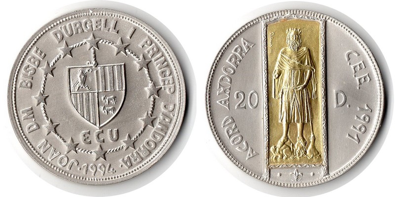  Andorra  20 Dinar  1991   FM-Frankfurt  Feingewicht: 24,51g Silber / 1,38g Gold stempelglanz   