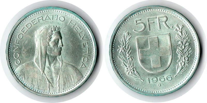  Schweiz  5 Franken  1966  FM-Frankfurt Feingewicht: 12.52g Silber sehr schön   