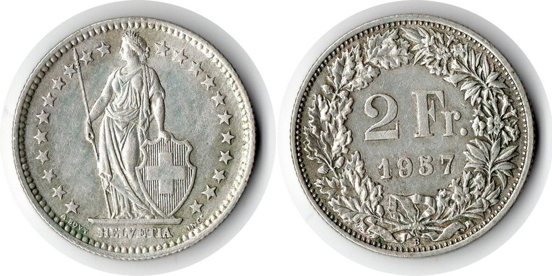  Schweiz  2 Franken  1957  FM-Frankfurt  Feingewicht: 8,35g Silber sehr schön   