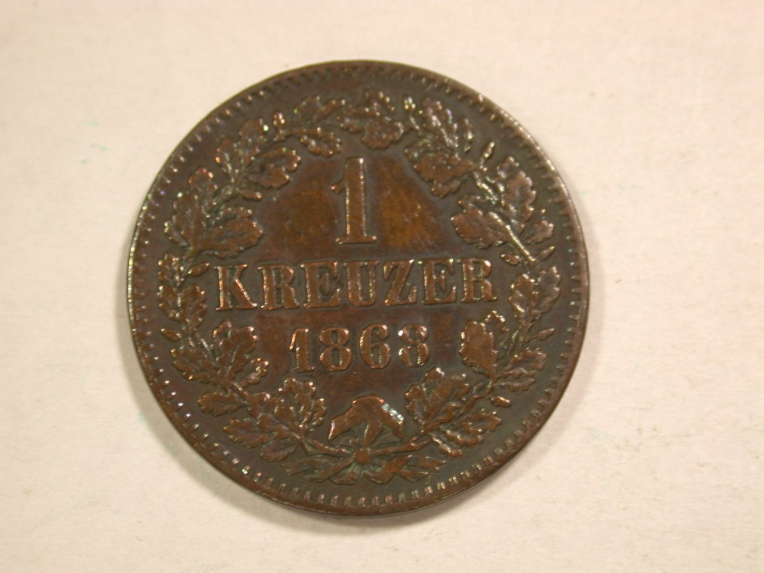 C02 Baden 1 Kreuzer 1868 in ss, geputzt Orginalbilder